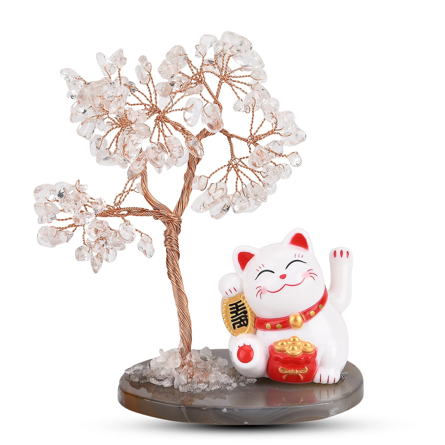 Showpiece Collection - Hand Set White Quartz Tree With Solar Lucky Maneki Neko Money Cat Figure on Agate Base 8310041 0