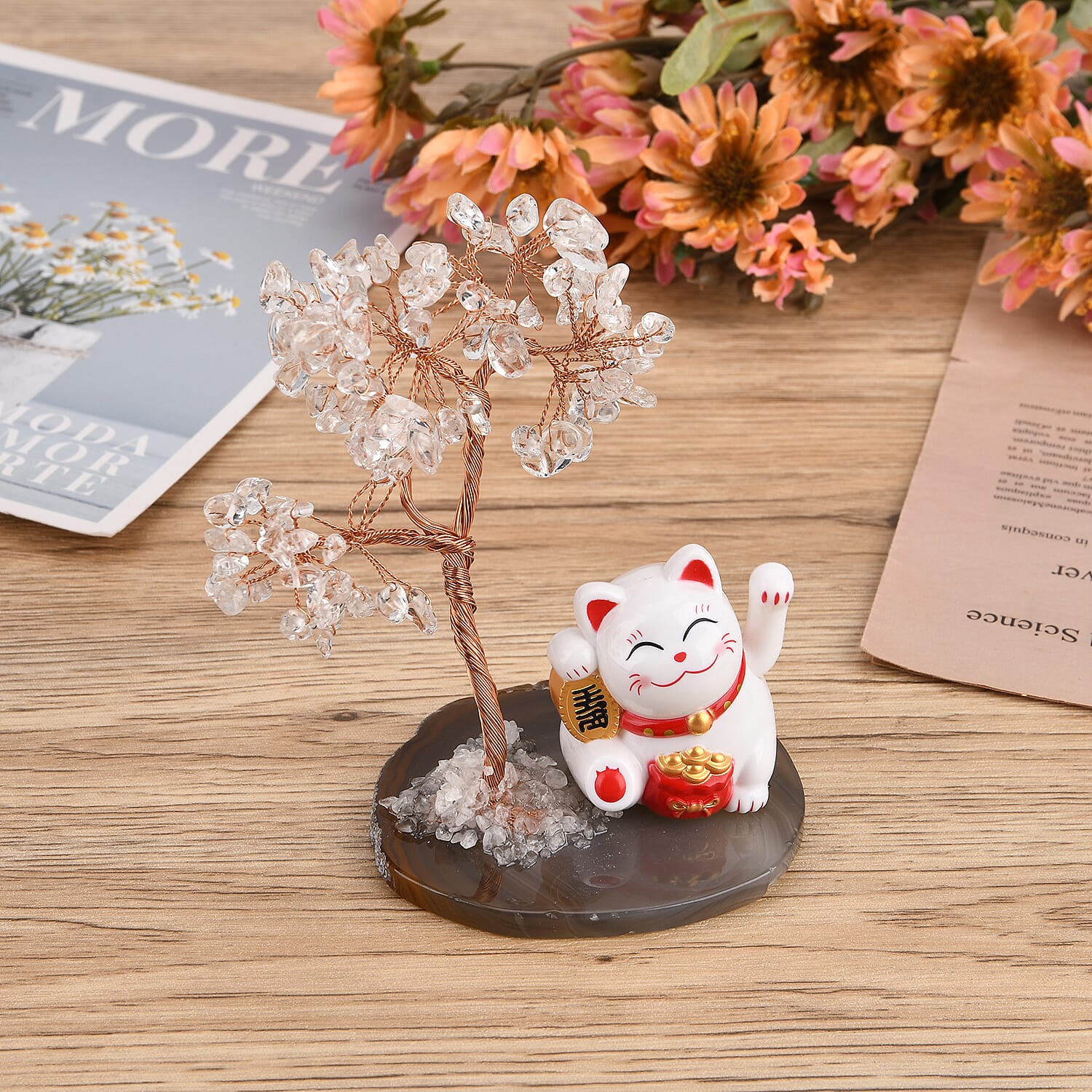 Showpiece Collection - Hand Set White Quartz Tree With Solar Lucky Maneki Neko Money Cat Figure on Agate Base 8310041 2