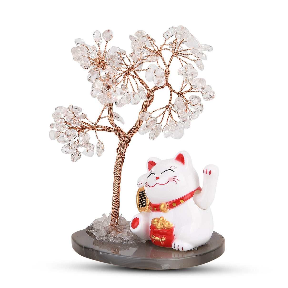 Showpiece Collection - Hand Set White Quartz Tree With Solar Lucky Maneki Neko Money Cat Figure on Agate Base 8310041 3