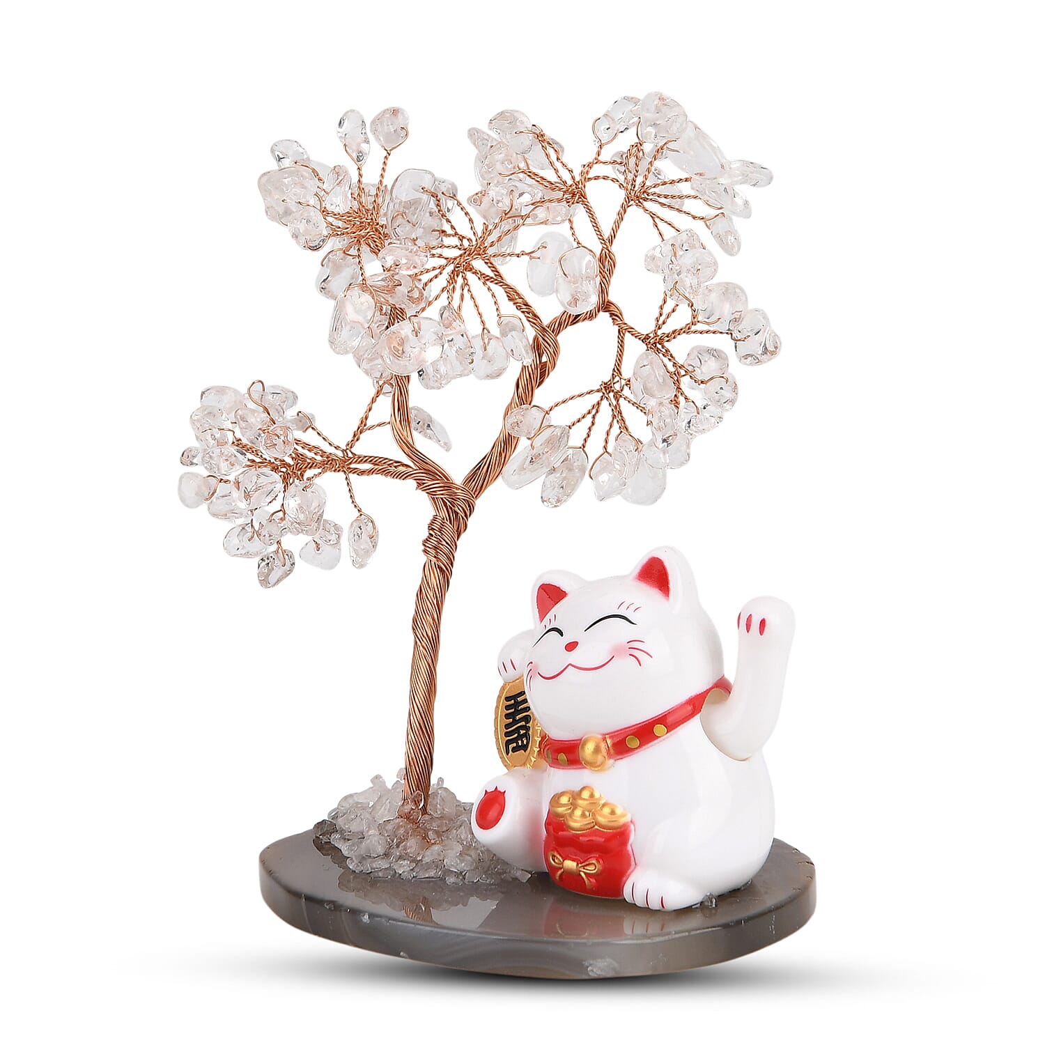 Showpiece Collection - Hand Set White Quartz Tree With Solar Lucky Maneki Neko Money Cat Figure on Agate Base 8310041 3