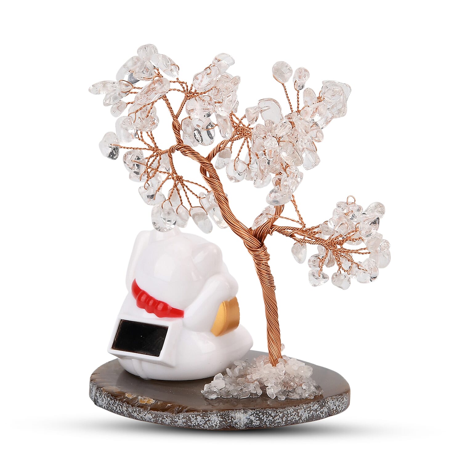 Showpiece Collection - Hand Set White Quartz Tree With Solar Lucky Maneki Neko Money Cat Figure on Agate Base 8310041 4