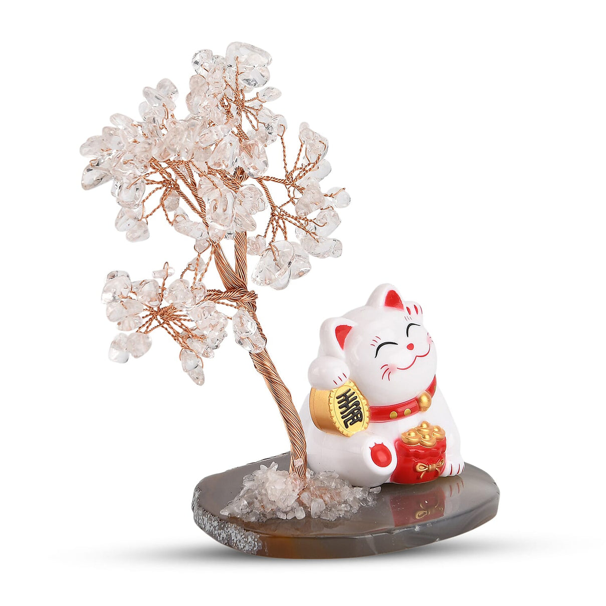 Showpiece Collection - Hand Set White Quartz Tree With Solar Lucky Maneki Neko Money Cat Figure on Agate Base 8310041 5