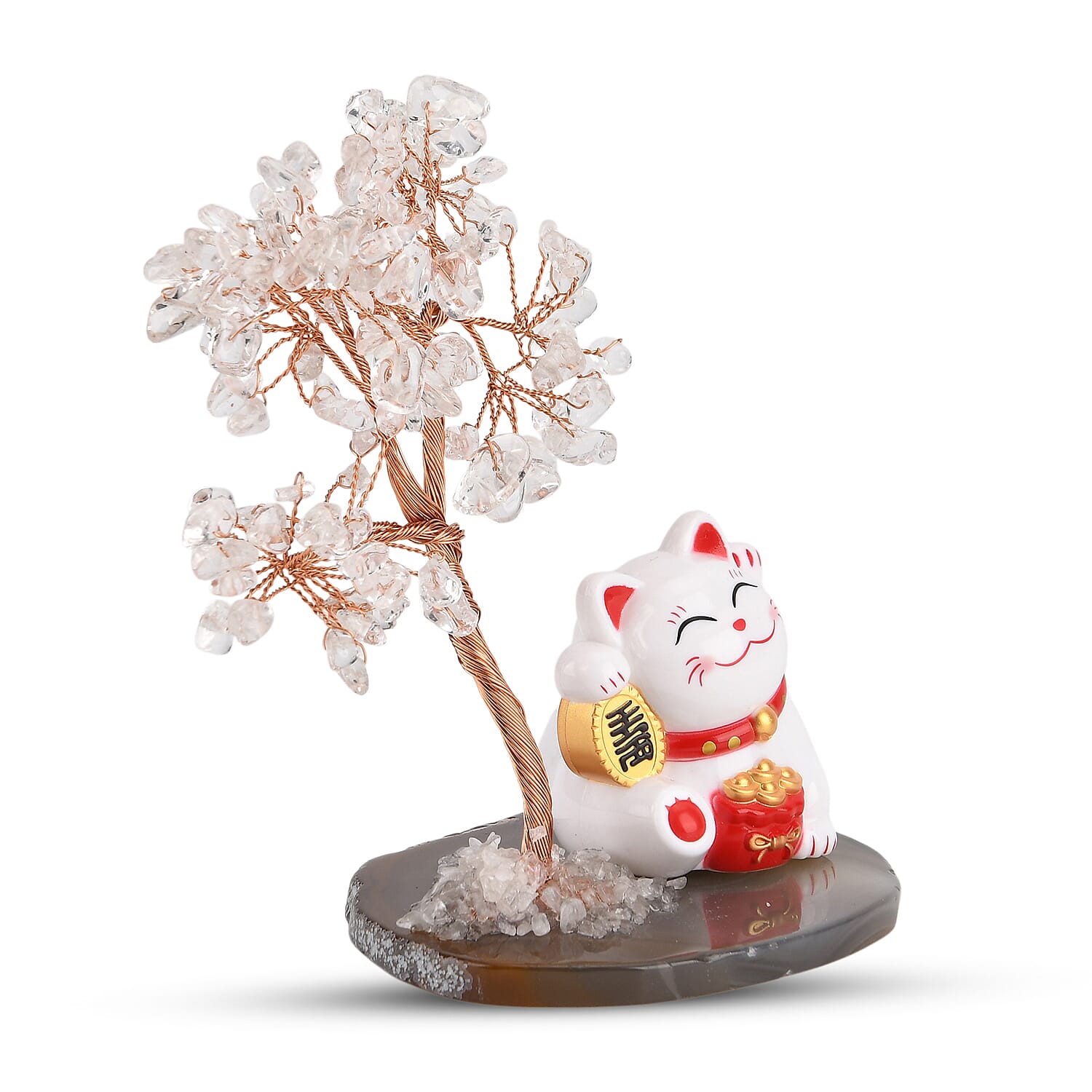 Showpiece Collection - Hand Set White Quartz Tree With Solar Lucky Maneki Neko Money Cat Figure on Agate Base 8310041 5