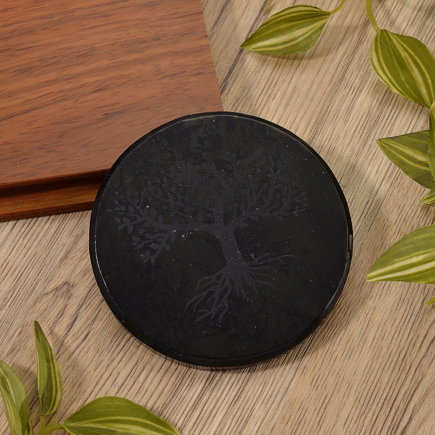 Natural Shungite Life Of Tree Embossed Round Tile 900.00 Ct. 8245285 2