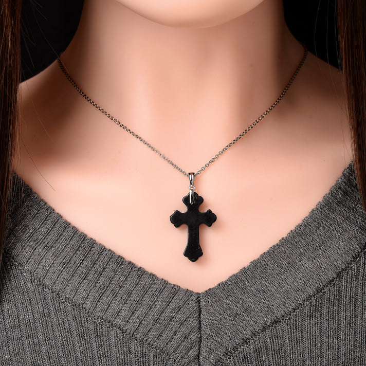 Shungite Rhodium Overlay Cross Pendant with Chain (Size 20) 15.00 Ct. 4451537 2