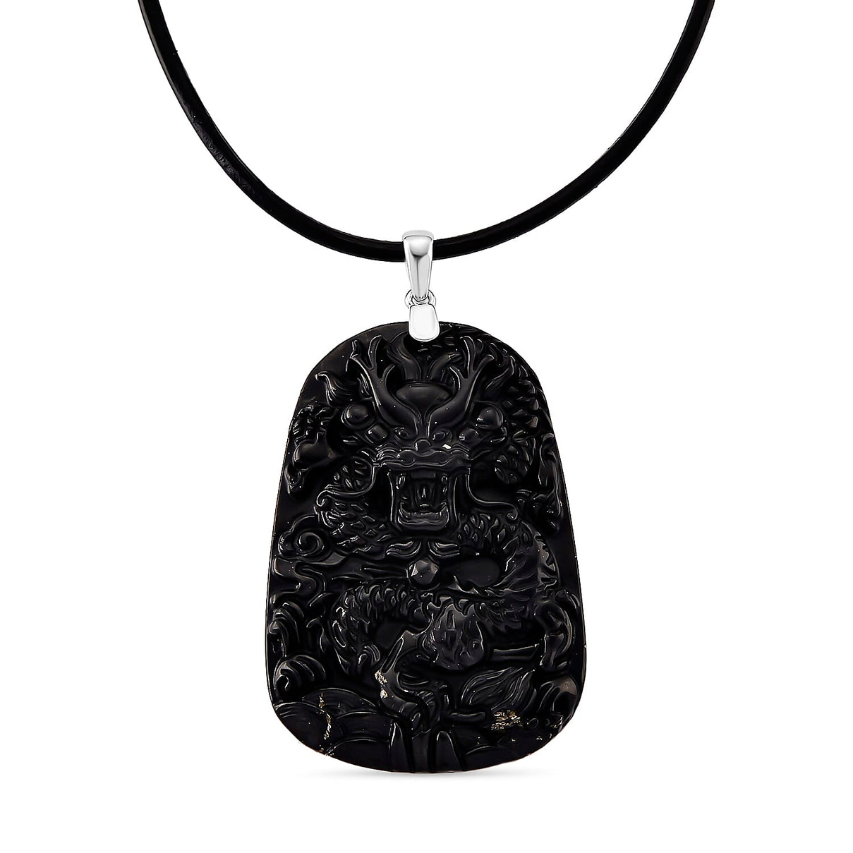 Natural Shungite Carved Dragon Sterling Silver Pendant with Chain (Size - 20) 95.00 Ct. Symbolizes power, wisdom, and protection 4451525 0