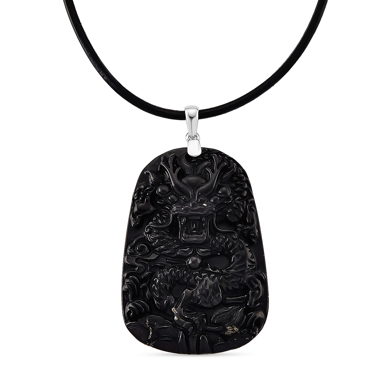 Natural Shungite Carved Dragon Sterling Silver Pendant with Chain (Size - 20) 95.00 Ct. Symbolizes power, wisdom, and protection 4451525 0