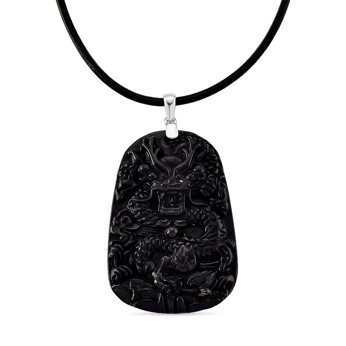Natural Shungite Carved Dragon Sterling Silver Pendant with Chain (Size - 20) 95.00 Ct. Symbolizes power, wisdom, and protection 4451525 1