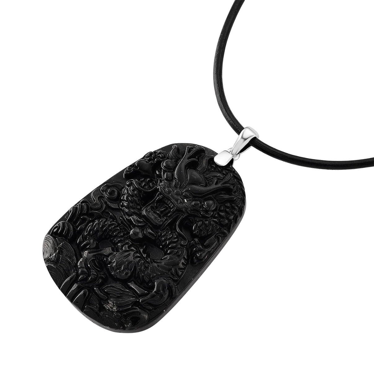 Natural Shungite Carved Dragon Sterling Silver Pendant with Chain (Size - 20) 95.00 Ct. Symbolizes power, wisdom, and protection 4451525 4