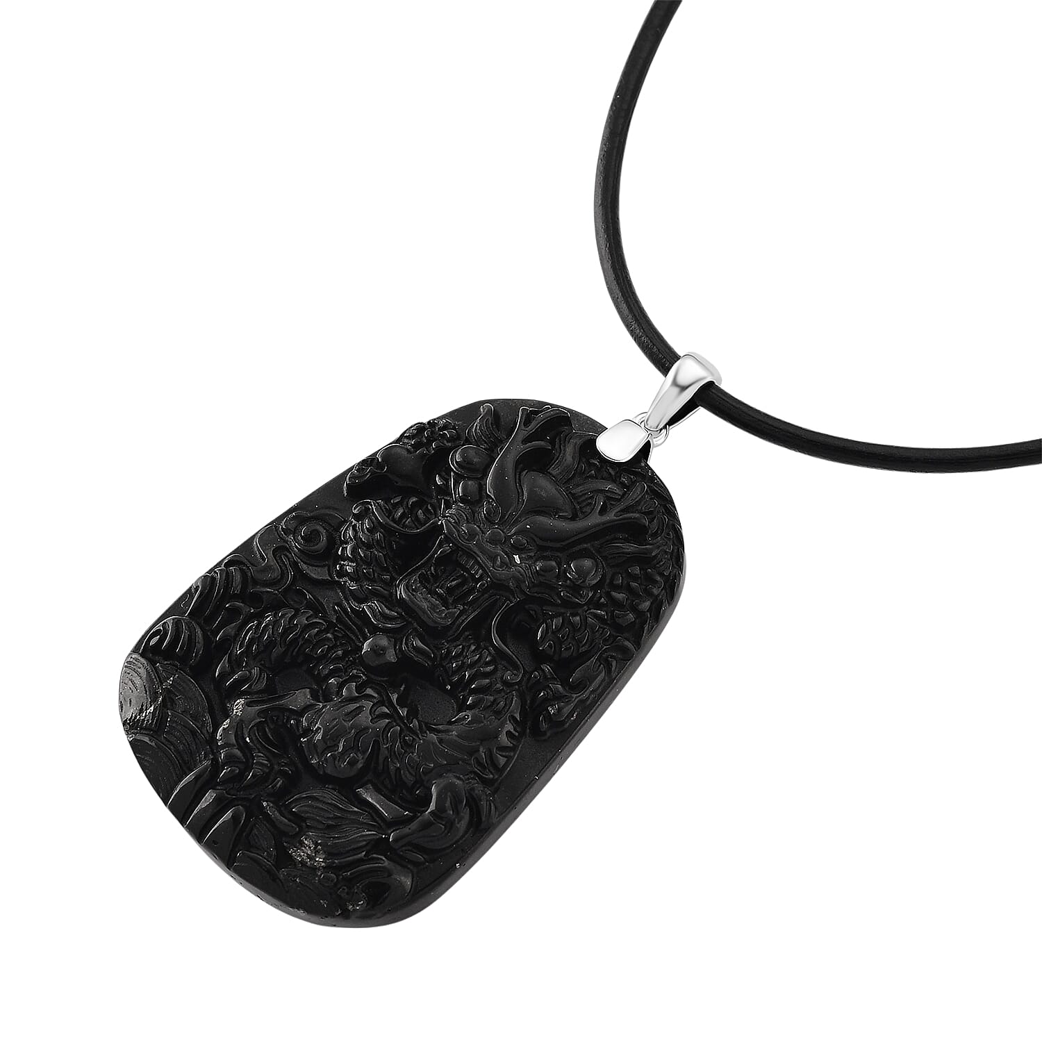 Natural Shungite Carved Dragon Sterling Silver Pendant with Chain (Size - 20) 95.00 Ct. Symbolizes power, wisdom, and protection 4451525 4
