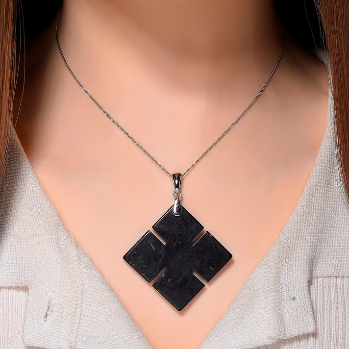Natural Shungite Celtic Cross Pendant with Chain (Size 18) with Lobster Clasp in Rhodium Overlay Sterling Silver 64.90 Ct. 4417107 2