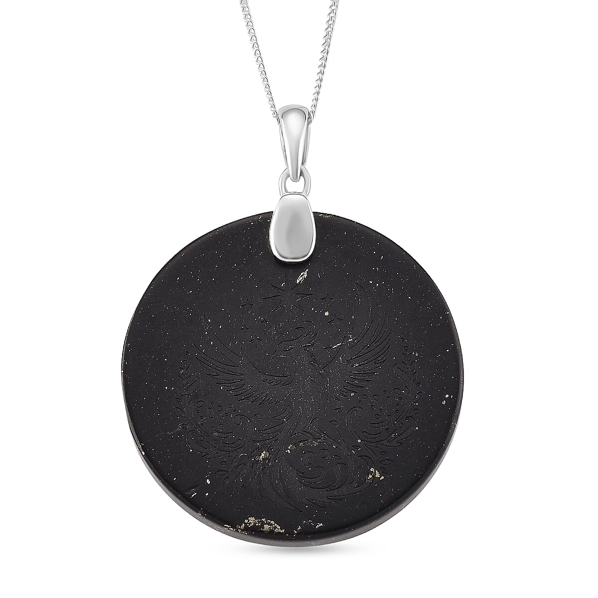 Natural Shungite Phoenix Pendant with Chain (Size 18) in Rhodium Overlay Sterling Silver 53.87 Ct. 4417074 0