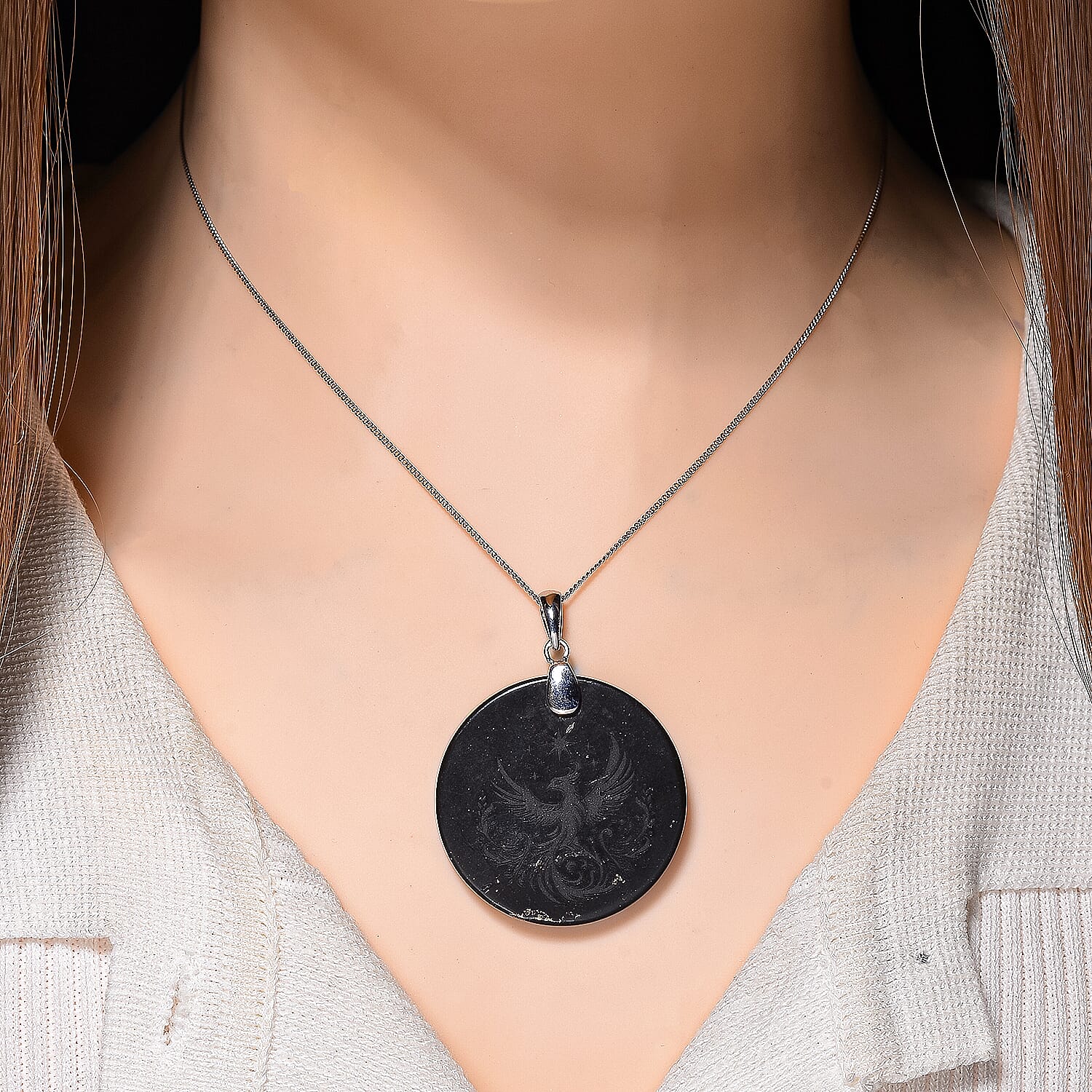 Natural Shungite Phoenix Pendant with Chain (Size 18) in Rhodium Overlay Sterling Silver 53.87 Ct. 4417074 2