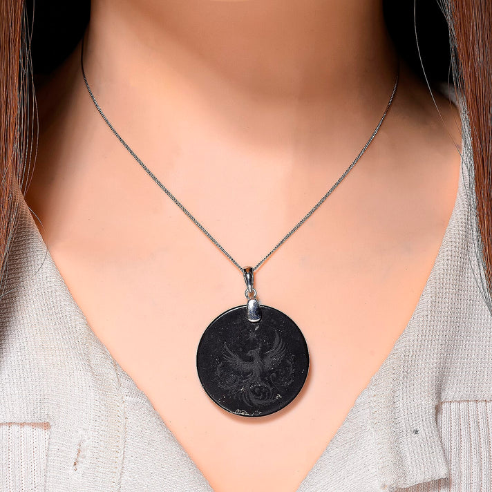 Natural Shungite Phoenix Pendant with Chain (Size 18) in Rhodium Overlay Sterling Silver 53.87 Ct. 4417074 2