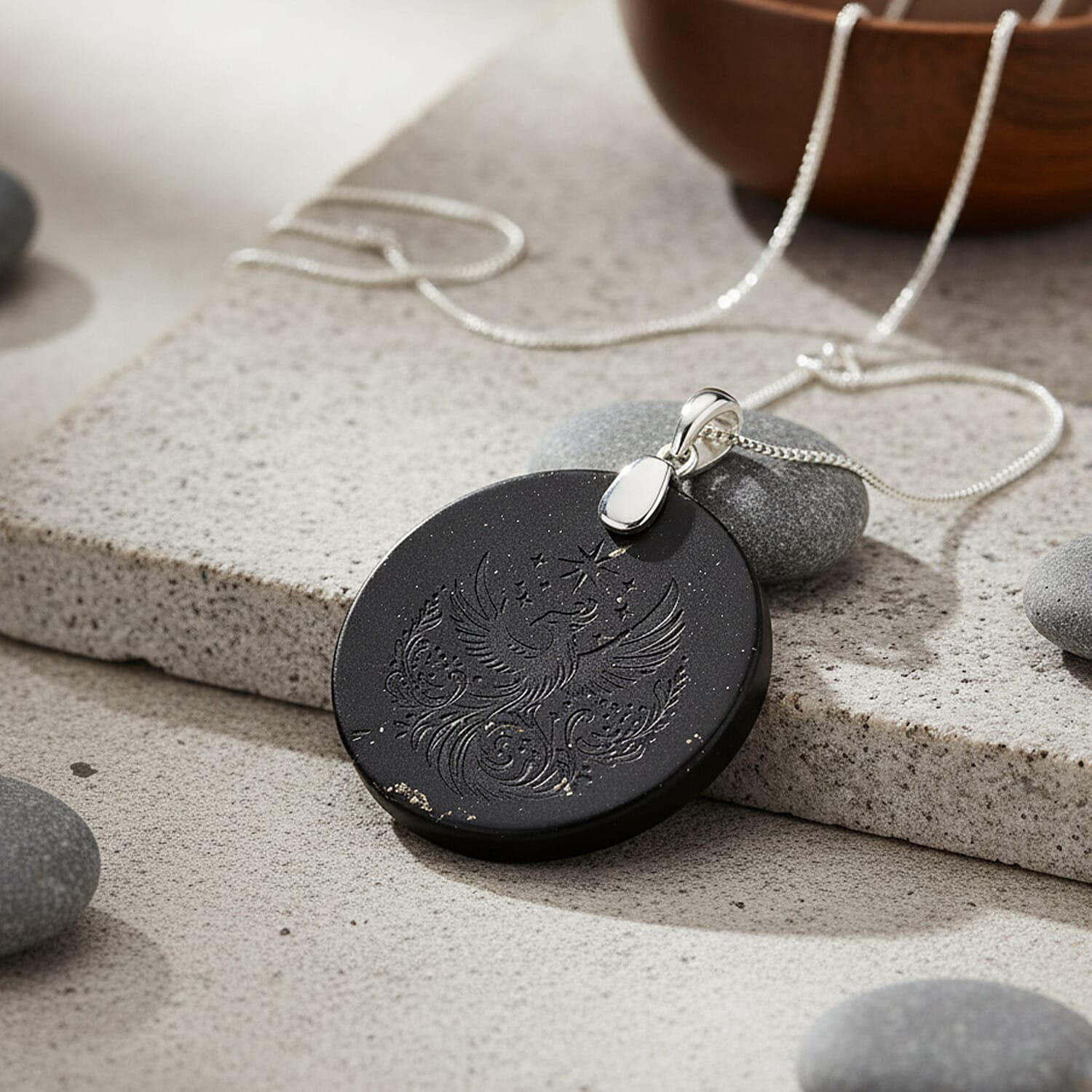 Natural Shungite Phoenix Pendant with Chain (Size 18) in Rhodium Overlay Sterling Silver 53.87 Ct. 4417074 3