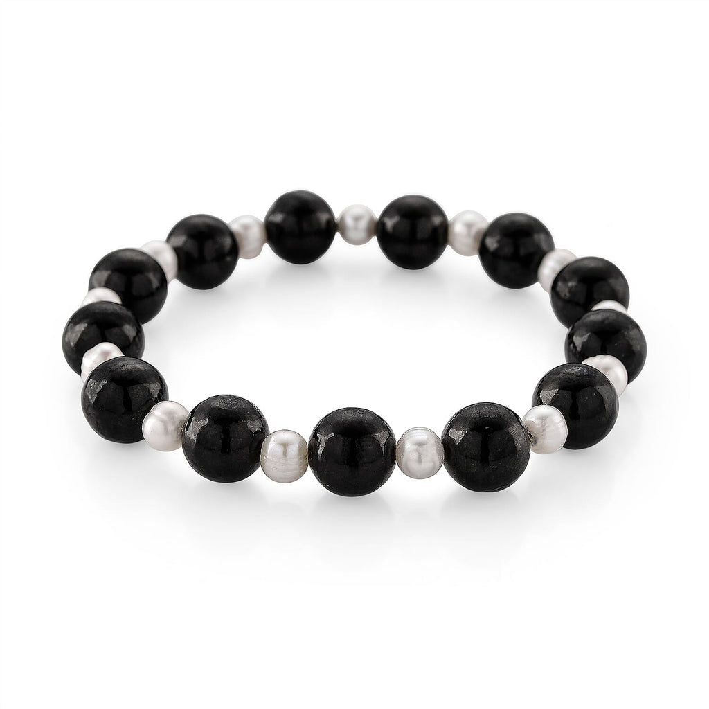 Natural Shungite & White Fresh Water Pearl Beads Adjustable Bracelet (Size 7-7.5) 100.00 Ct.