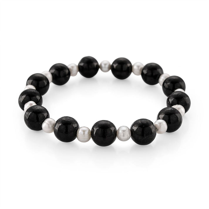 Natural Shungite &amp; White Fresh Water Pearl Beads Adjustable Bracelet (Size 7-7.5) 100.00 Ct. 8433850 1