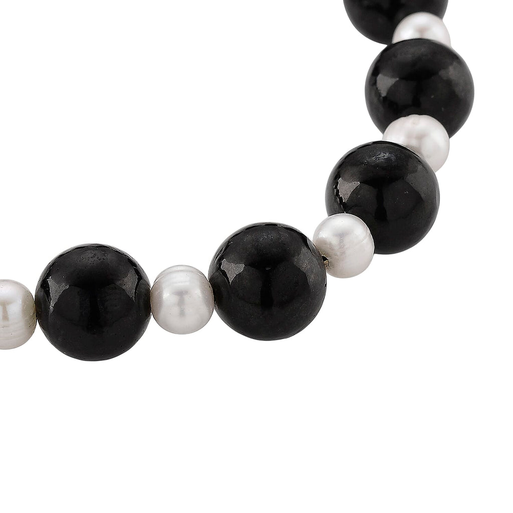 Natural Shungite & White Fresh Water Pearl Beads Adjustable Bracelet (Size 7-7.5) 100.00 Ct.