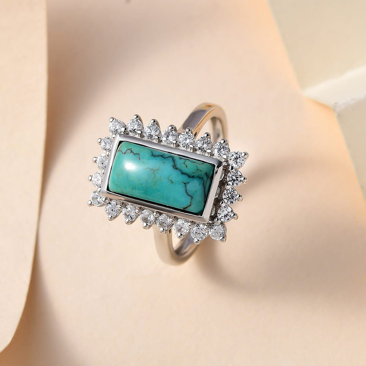 Sierra Nevada Turquoise and Natural Cambodian Zircon Ring in Platinum Overlay Sterling Silver 3.75 Ct. 7255649 2