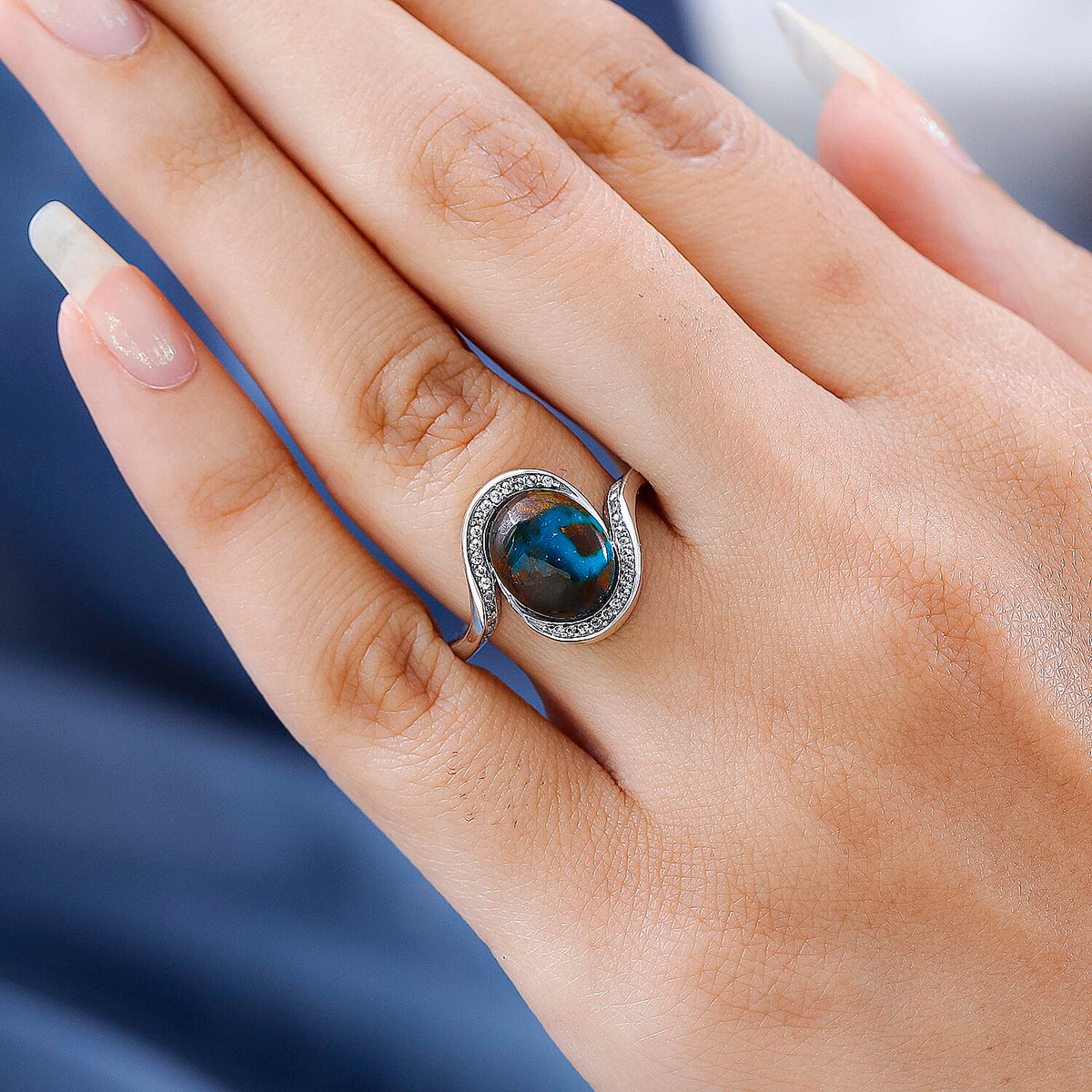 Sierra Nevada Turquoise and Natural Zircon Bypass Ring in Platinum Overlay Sterling Silver 3.80 Ct. 7569164 2