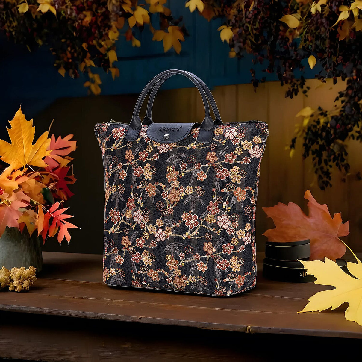 Signare Tapestry Foldaway Bag - Ume Sakura - Gold &amp; Black 7759286 1