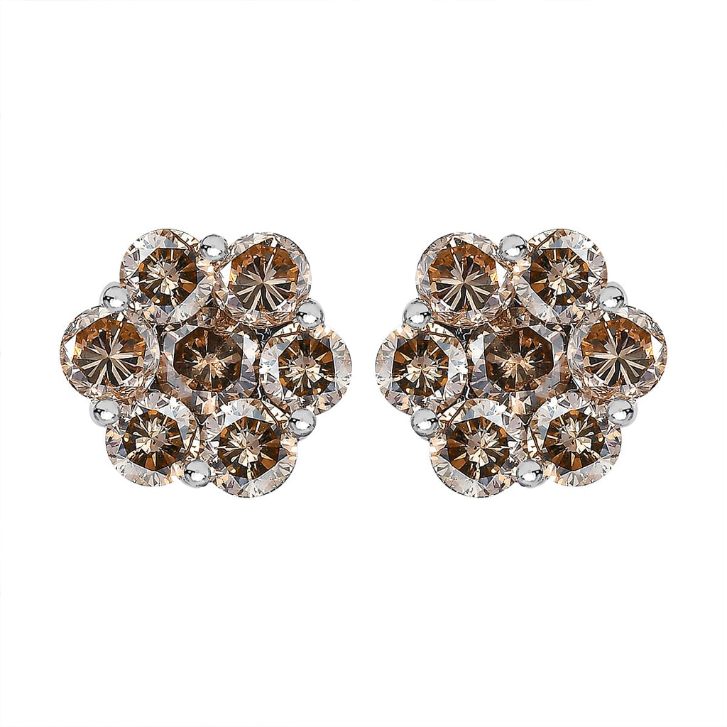 950 Platinum SGL Certified Champagne Diamond Floral Stud Earrings 2.00 Ct, Platinum Wt. 3.20 Gms