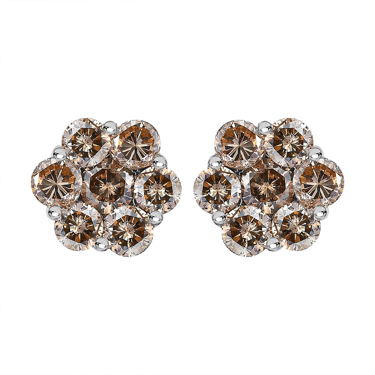 950 Platinum Champagne Diamond I1 Pressure Set Floral Stud Earring With Screw Back 2 Ct 7208627 0