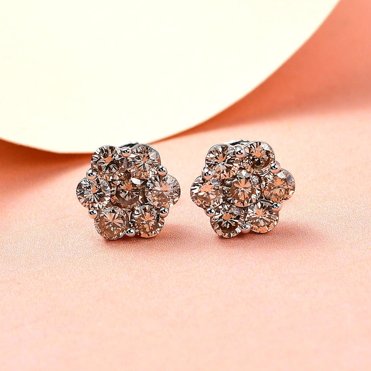 950 Platinum Champagne Diamond I1 Pressure Set Floral Stud Earring With Screw Back 2 Ct 7208627 2