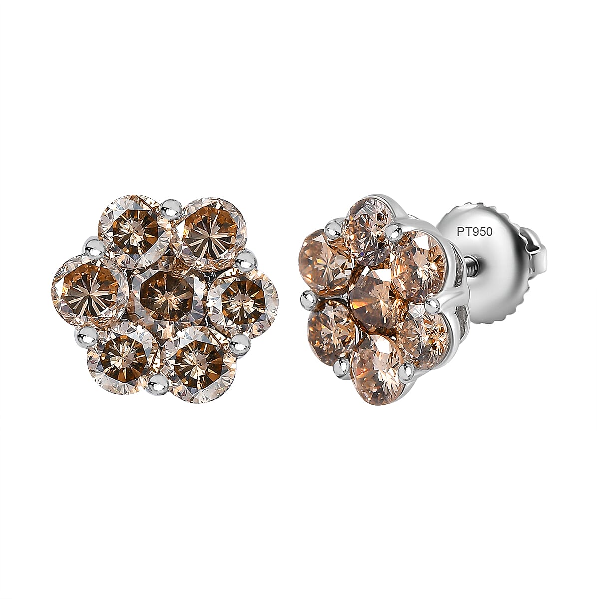 950 Platinum Champagne Diamond I1 Pressure Set Floral Stud Earring With Screw Back 2 Ct 7208627 4