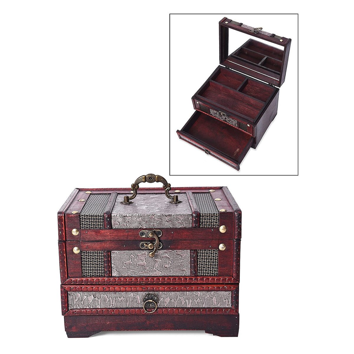Silver Floral Embossed 3 Layer Jewellery Box with Inside Mirror,Top Removable Tray and a Pull out Drawer 3435052 0