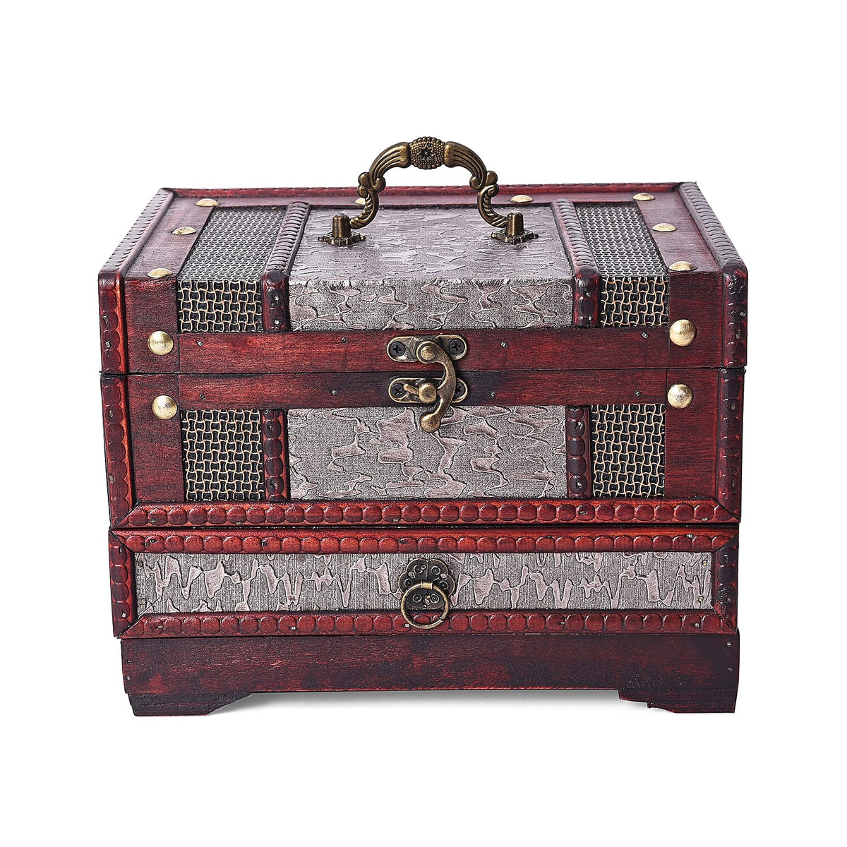 Silver Floral Embossed 3 Layer Jewellery Box with Inside Mirror,Top Removable Tray and a Pull out Drawer 3435052 1