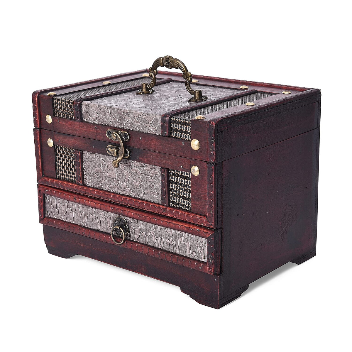 Silver Floral Embossed 3 Layer Jewellery Box with Inside Mirror,Top Removable Tray and a Pull out Drawer 3435052 2
