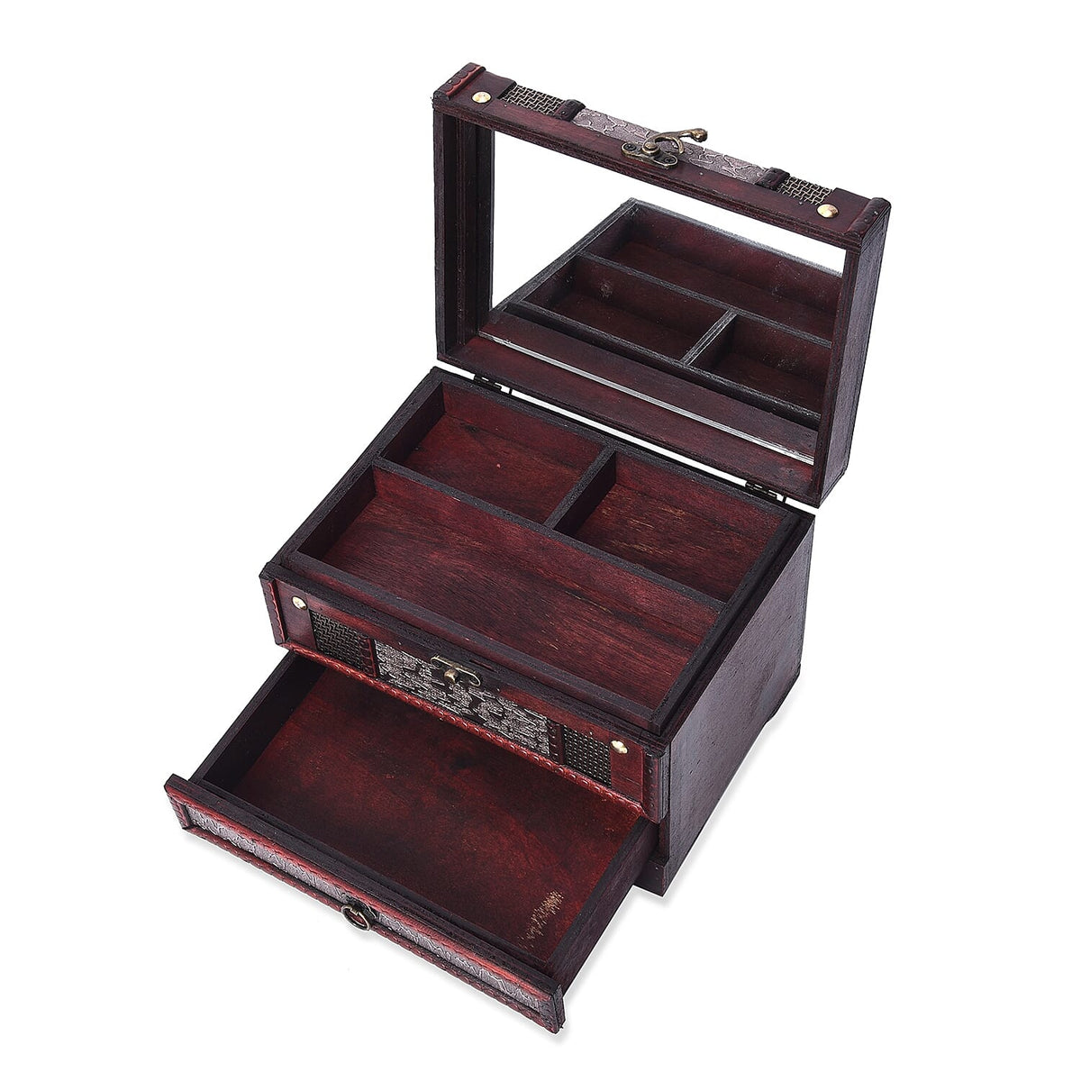 Silver Floral Embossed 3 Layer Jewellery Box with Inside Mirror,Top Removable Tray and a Pull out Drawer 3435052 4