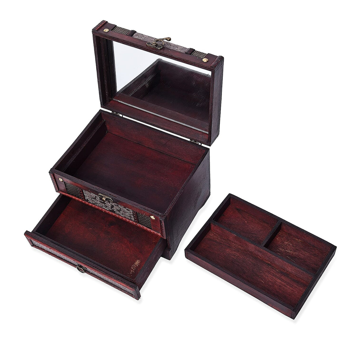 Silver Floral Embossed 3 Layer Jewellery Box with Inside Mirror,Top Removable Tray and a Pull out Drawer 3435052 5