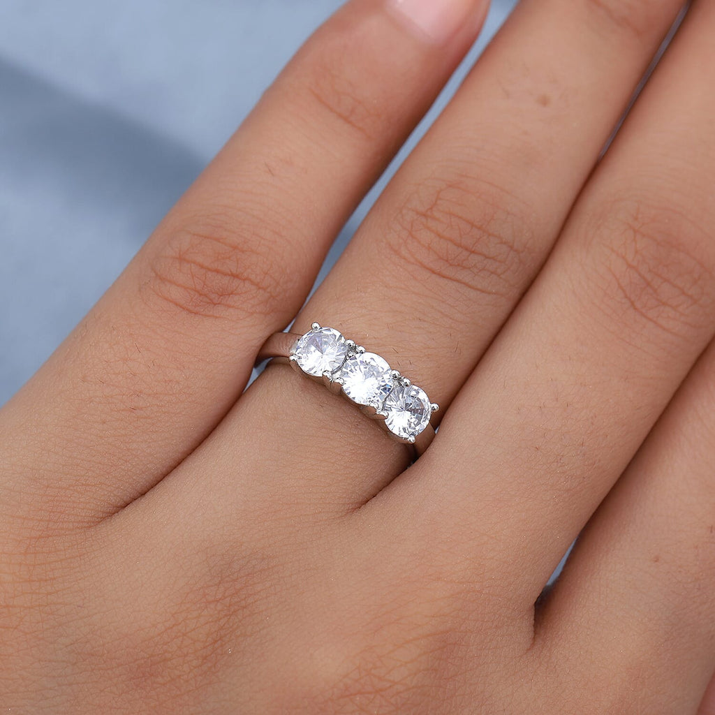 Simulated Diamond 3 Stone Ring in Platinum Overlay Sterling Silver 2.04 Ct.