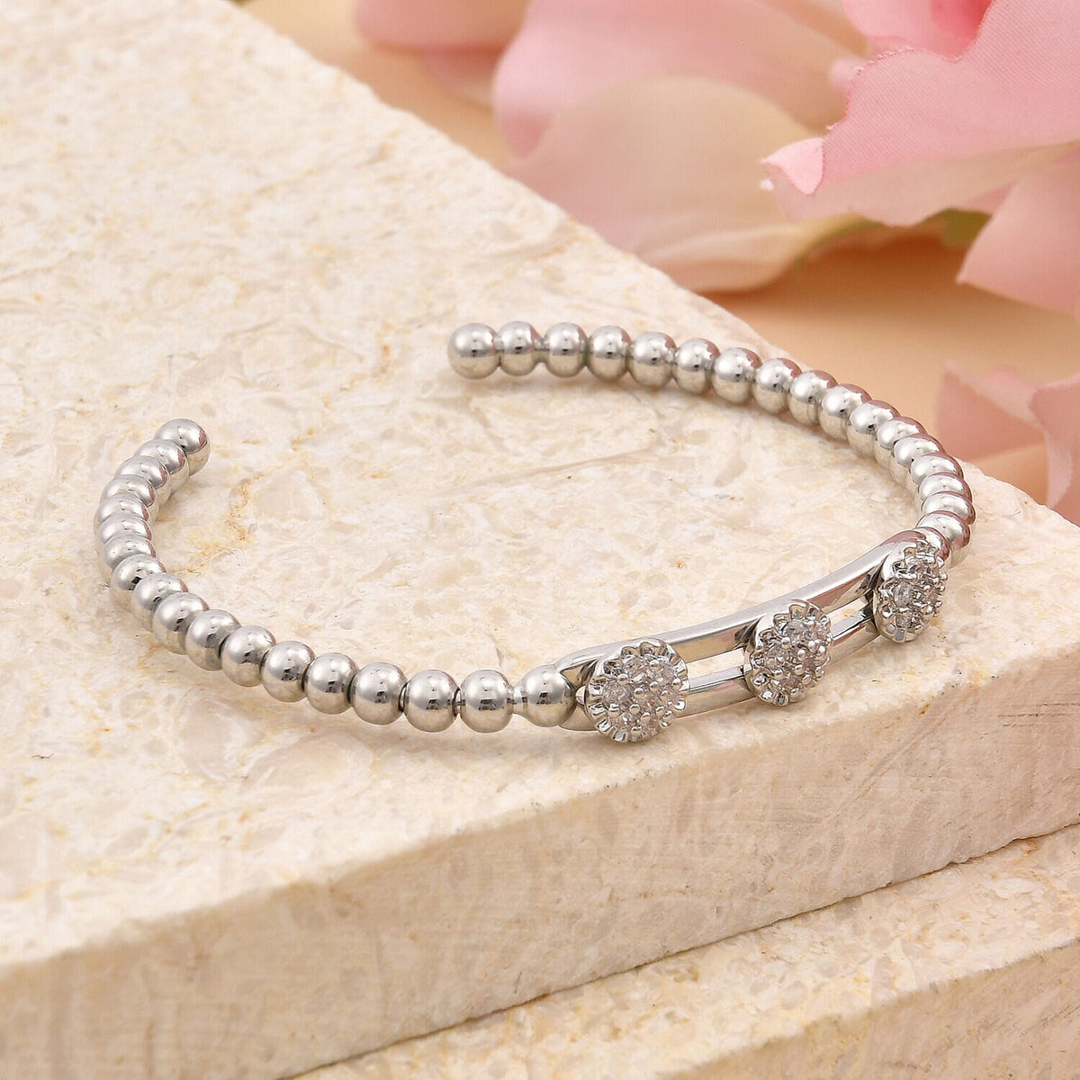 Milan Close Out - Simulated Diamond 3 Moveable Flower Bangle (Size 6.75 Inch) in Silver Tone 7267894 2