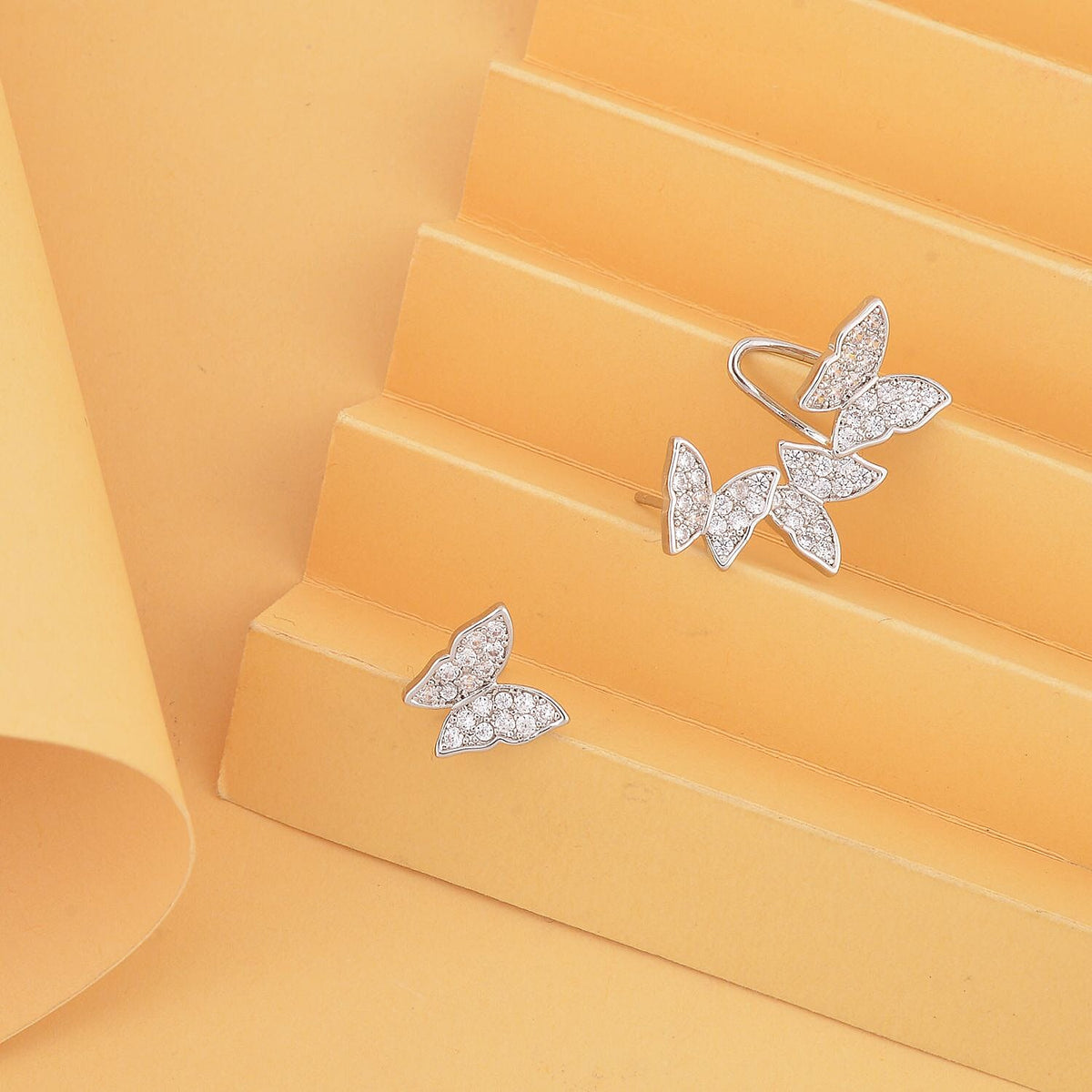 Simulated Diamond Butterfly Earrings in Silver Tone 7324370 1