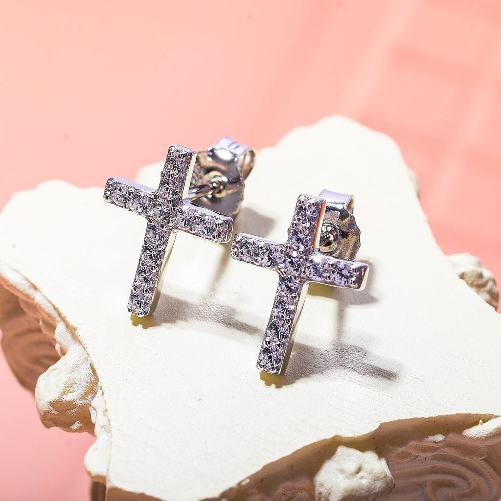 NY Close Out- CZ Cross Earrings (with Push Back) in Rhodium Overlay Sterling Silver