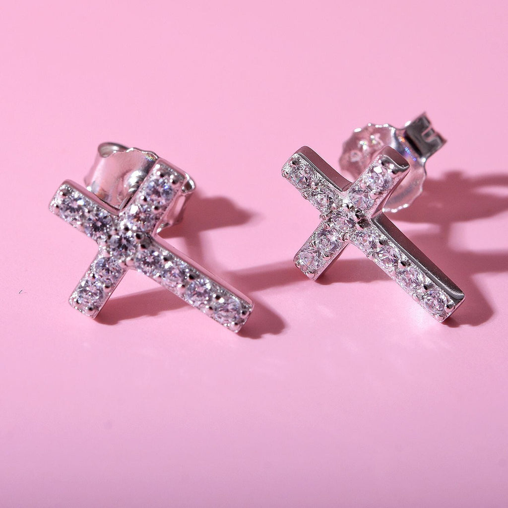 NY Close Out- CZ Cross Earrings (with Push Back) in Rhodium Overlay Sterling Silver
