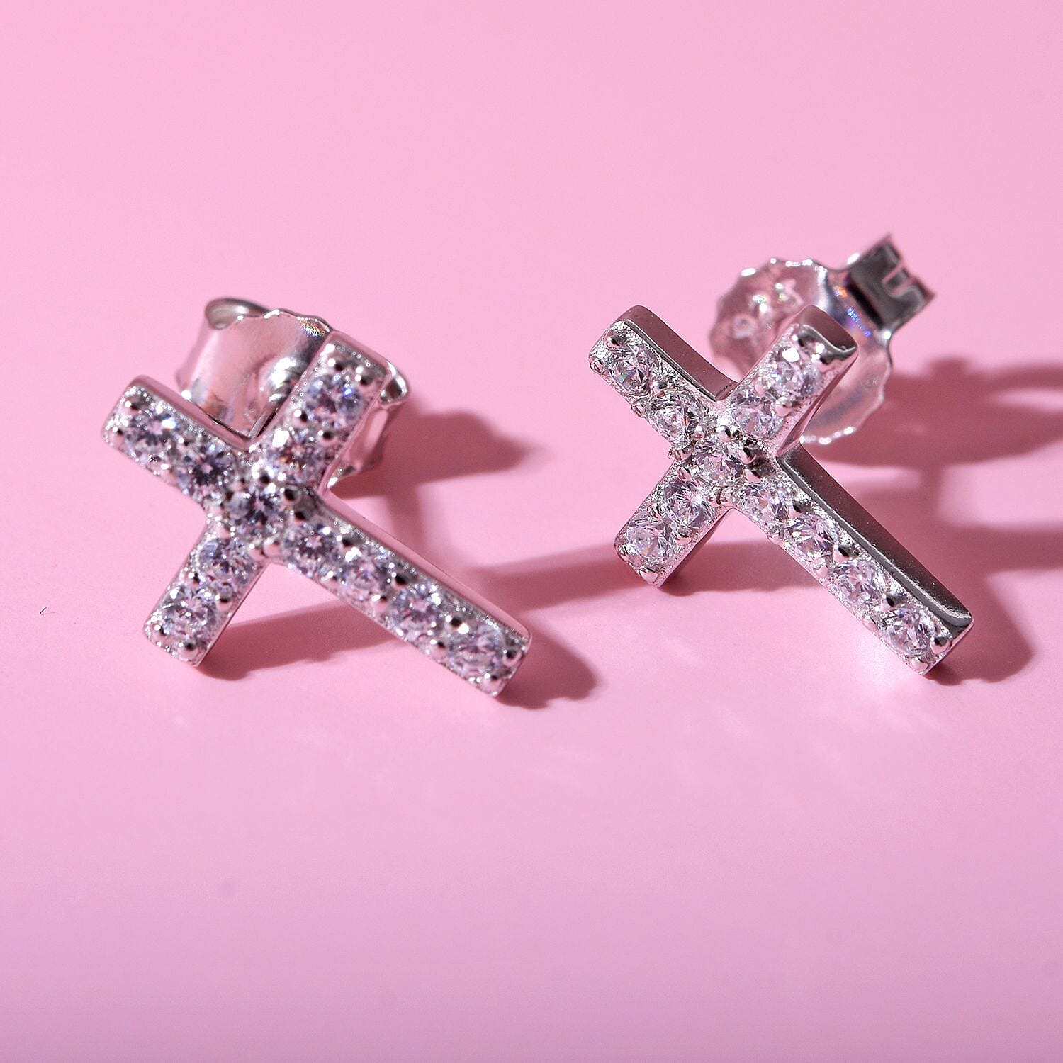 Simulated Diamond Cross Earrings With Push Back in Sterling Silver 7303402 8