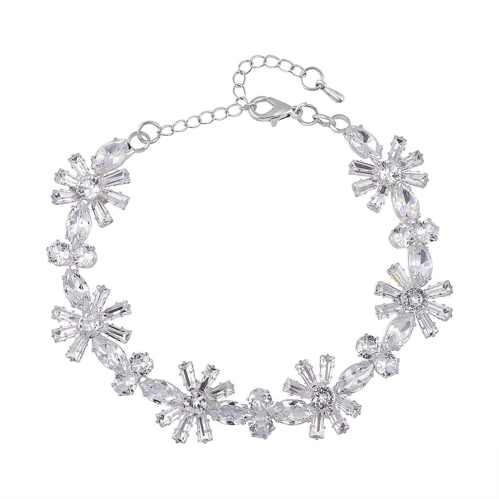 Cubic Zirconia Floral Bracelet (Size - 7.5-3 Ext) in Silver Tone
