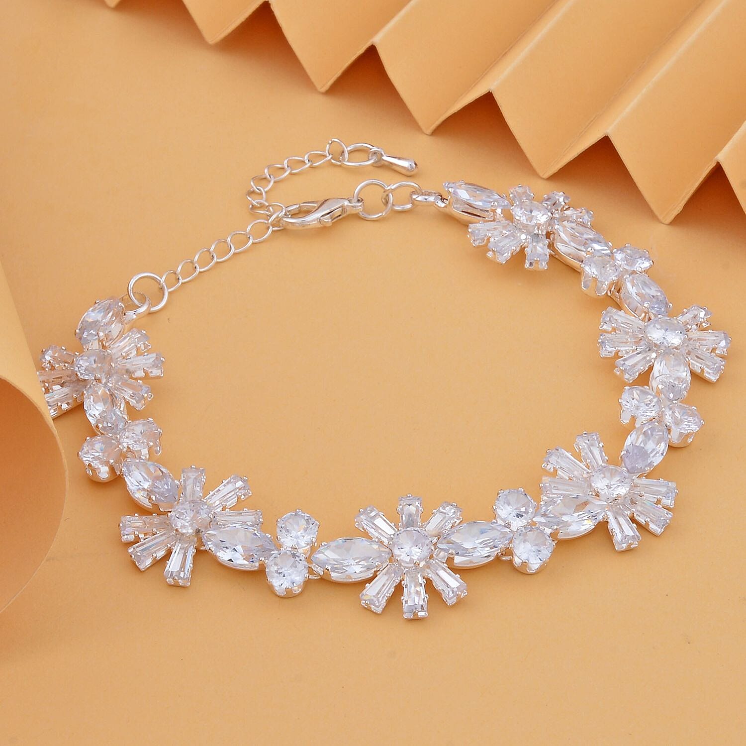 Cubic Zirconia Floral Bracelet (Size - 7.5-3 Ext) in Silver Tone 7326509 1