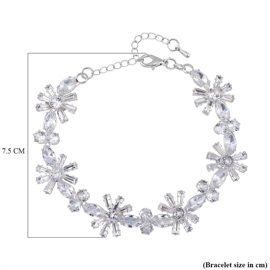 Cubic Zirconia Floral Bracelet (Size - 7.5-3 Ext) in Silver Tone