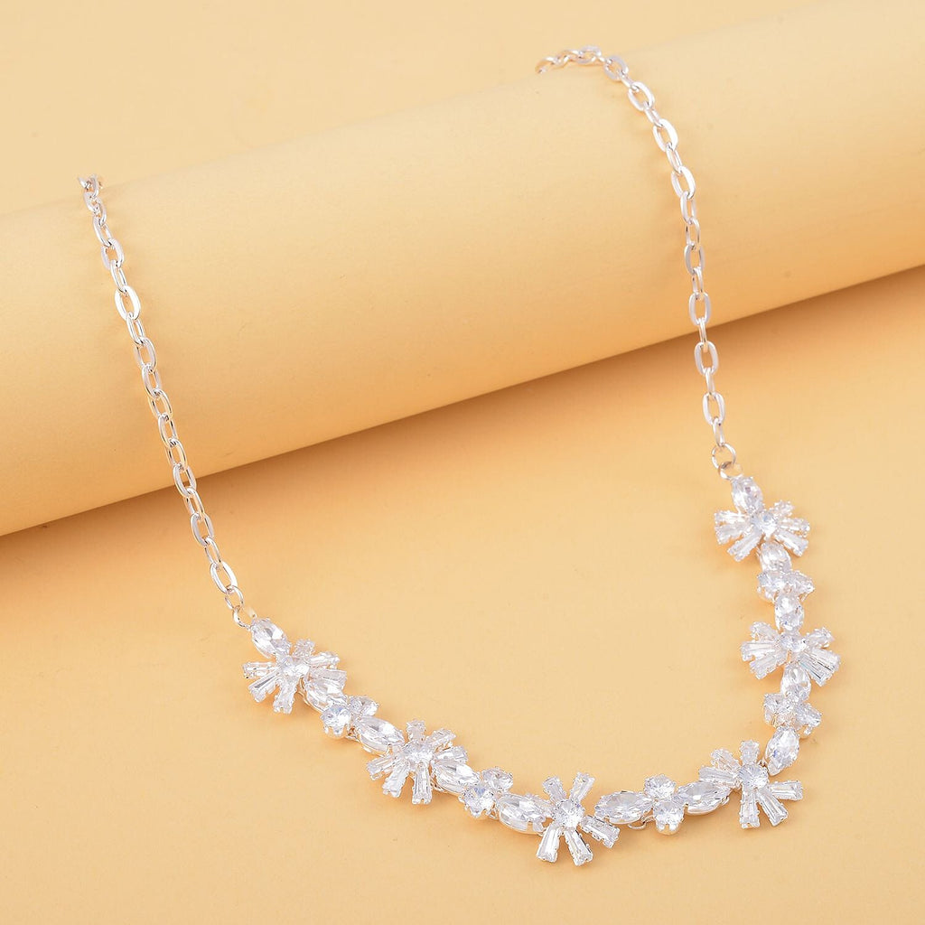 Cubic Zirconia Floral Necklace (Size - 20) in Silver Tone