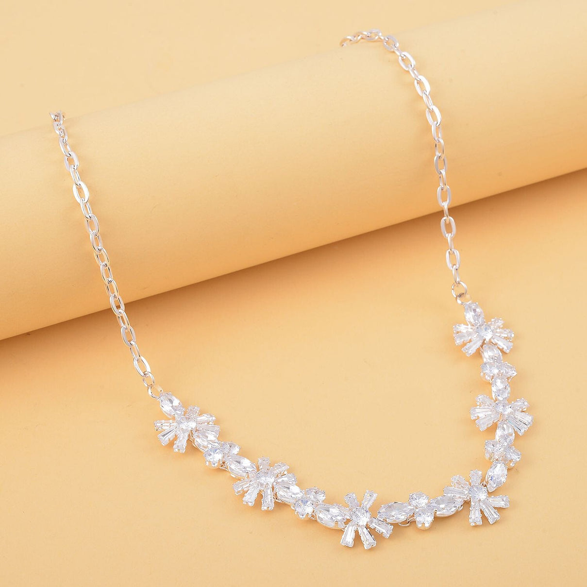 Cubic Zirconia Floral Necklace (Size - 20) in Silver Tone 7326512 1