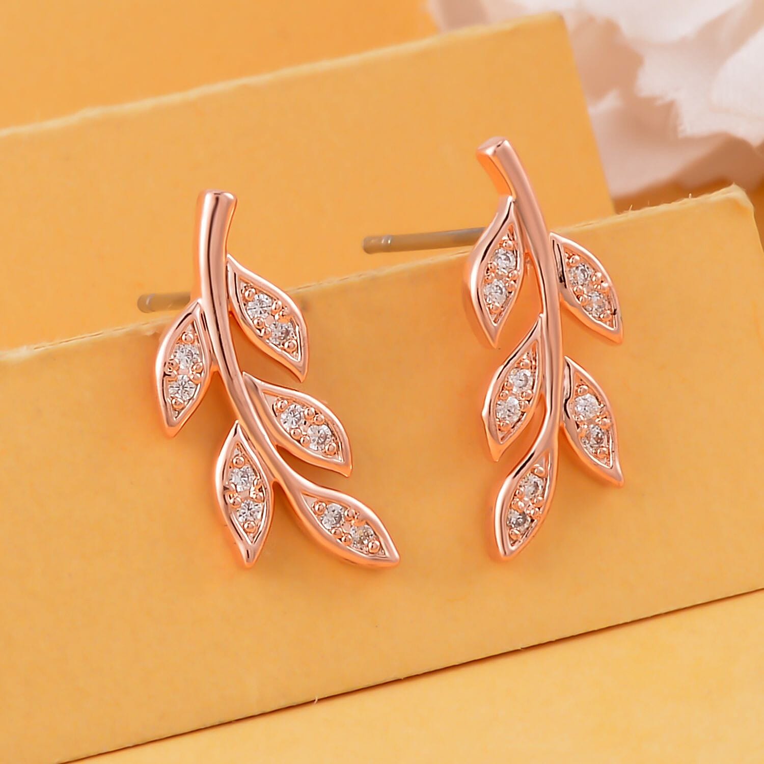 Simulated Diamond Leaf Earrings (with Push Back) in Rose Gold Tone 7325785 1