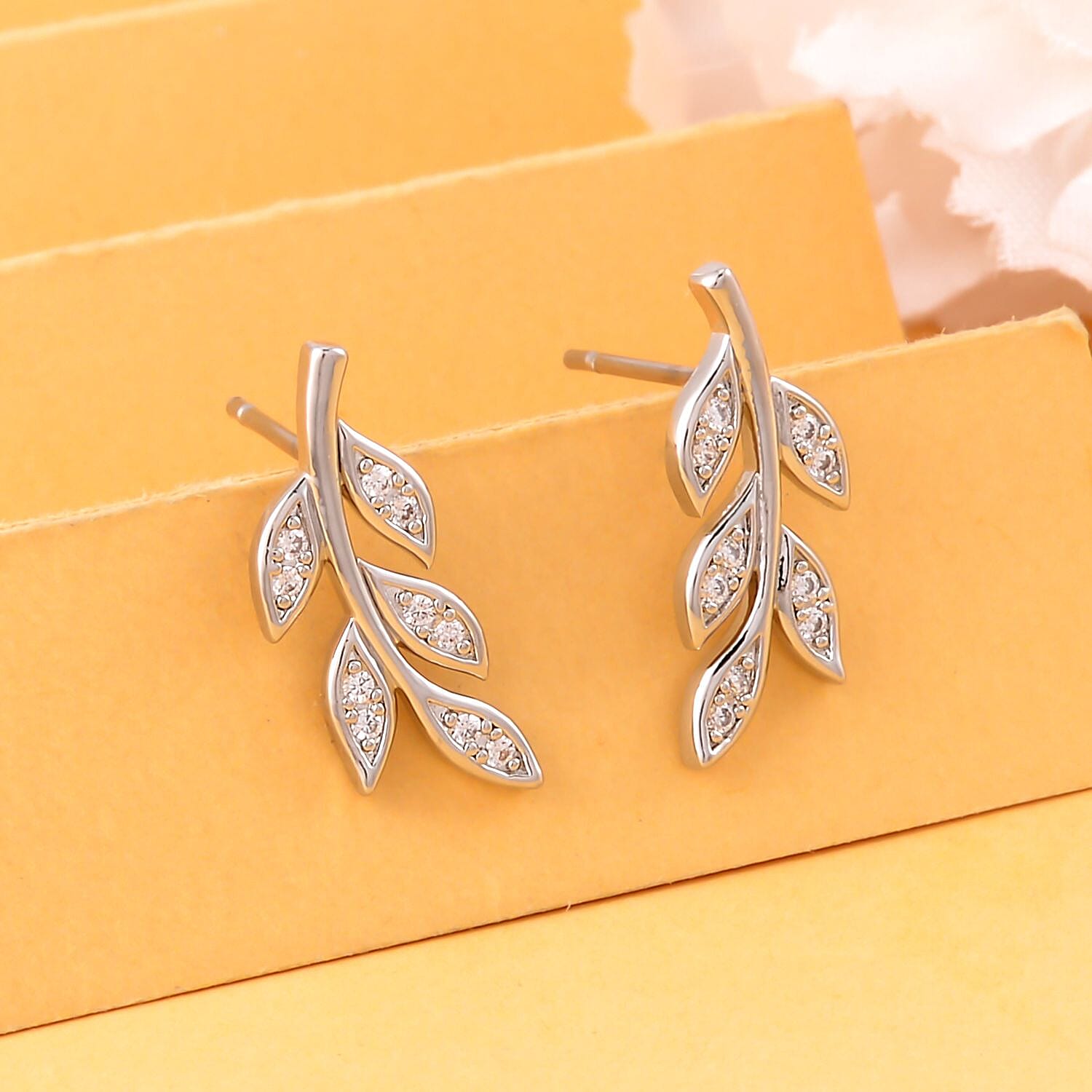 Simulated Diamond Leaf Earrings in Silver Tone 7325779 2