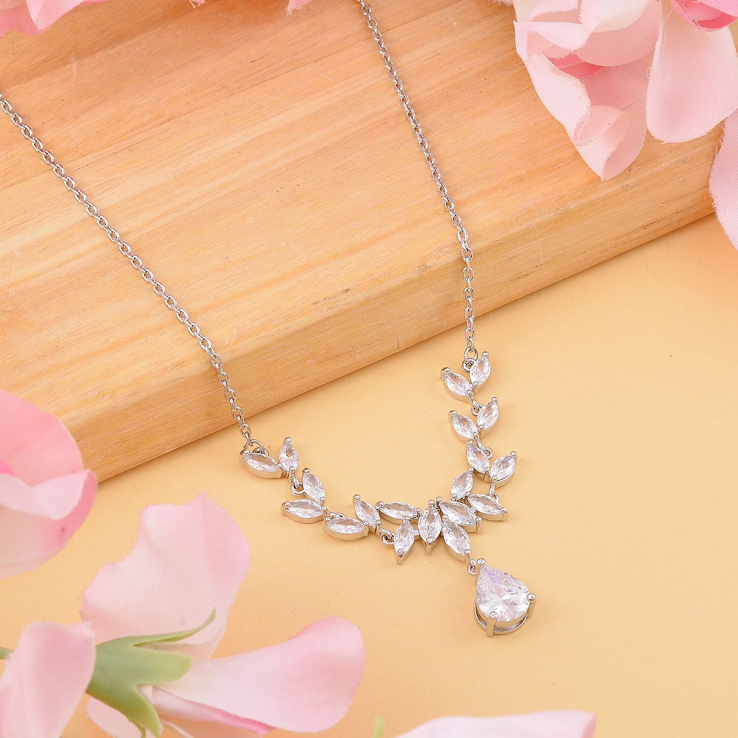 Simulated Diamond Leaf Necklace (Size - 20-1 Inch Ext.) in Silver Tone 7325631 2