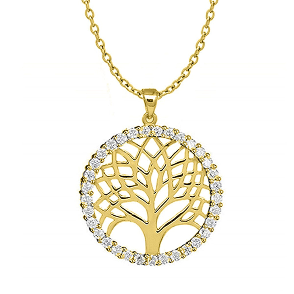 Simulated Diamond Tree of Life Pendant with Chain (Size - 18) in Yellow Gold Overlay Sterling Silver