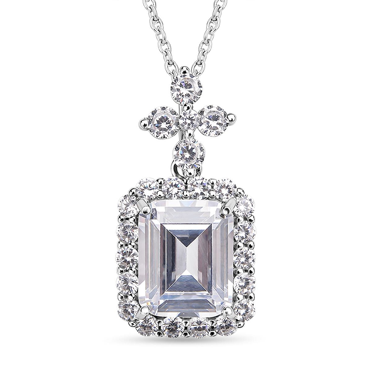 Simulated Diamond Pendant with Stainless Steel Chain (Size 20) in Rhodium Overlay Sterling Silver 4116250 0